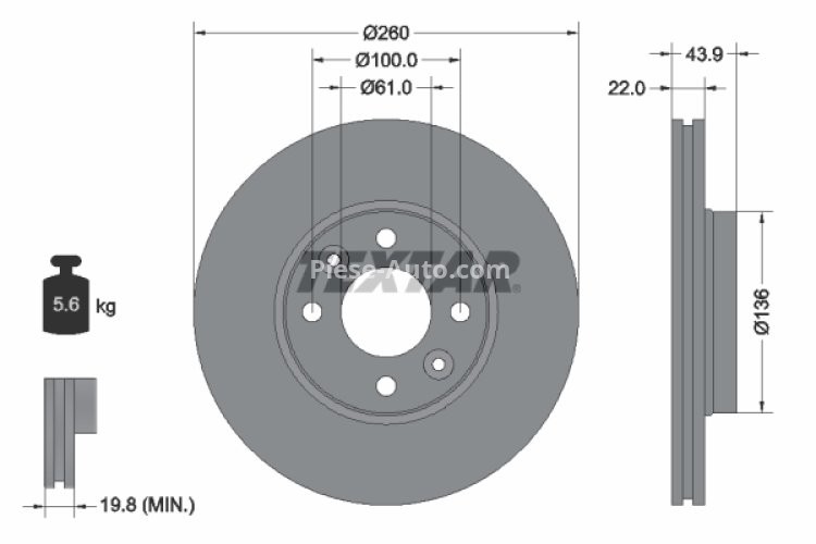 Disc frână TEXTAR, față, pentru: DACIA LOGAN, LOGAN EXPRESS, LOGAN MCV; LADA LARGUS; NISSAN MICRA C+C III, MICRA III, MICRA V, NOTE 0.9-2.0 11.02-
