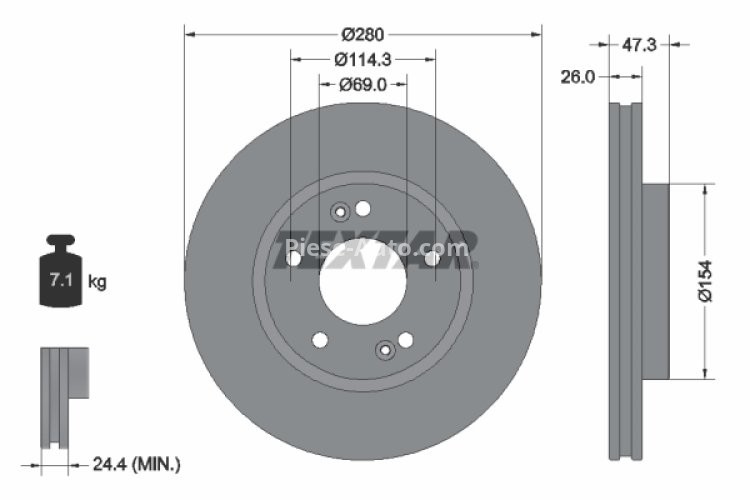 Disc frână TEXTAR, față, pentru: HYUNDAI COUPE II, I30, IX20, SONATA V, TIBURON, TUCSON, TUCSON/SUV; KIA CARENS III, CEE'D, CERATO II 1.4-2.7 01.01-