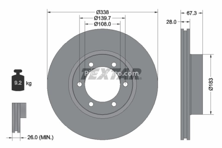 Disc frână TEXTAR, față, pentru: TOYOTA 4 RUNNER IV, FORTUNER, HILUX VI, HILUX VII, LAND CRUISER 90, LAND CRUISER PRADO 2.4-4.7 08.97-