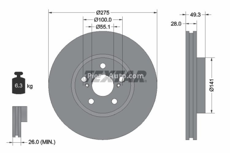 Disc frână TEXTAR, față, pentru: TOYOTA AVENSIS, CALDINA, CELICA 1.6-2.0D 11.93-02.03