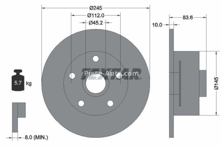 Disc frână TEXTAR, spate, (cu butuc; cu inel ABS; fara pivot de fixare a rotii) pentru: AUDI A4 B5 1.6-2.8 11.94-09.01