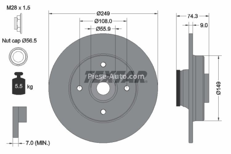 Disc frână TEXTAR, cu rulment, spate,  (cu butuc; cu magnet integrat, inel ABS; fara pivot de fixare a rotii) pentru: DS DS 4; CITROEN C4 II 1.2-2.0D 09.07-