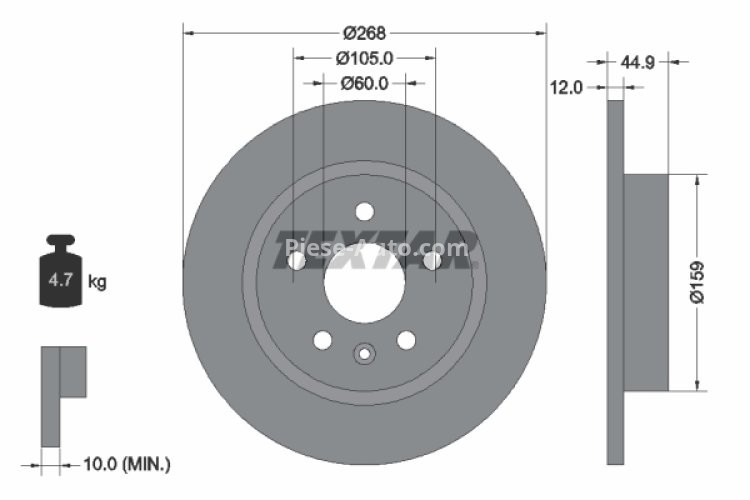 Disc frână TEXTAR, spate, pentru:  OPEL ASTRA H CLASSIC, ASTRA J, ASTRA J GTC, MOKKA / MOKKA X 1.3D-2.0D 01.09-