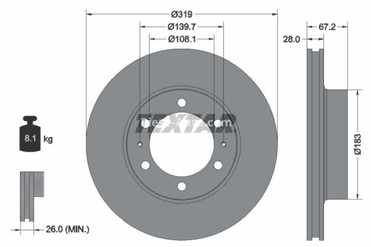 Disc frână TEXTAR, față, pentru: TOYOTA 4 RUNNER IV, FJ CRUISER, FORTUNER, HILUX, HILUX VI, HILUX VII, HILUX VIII, TACOMA 2.4-4.7 08.97-