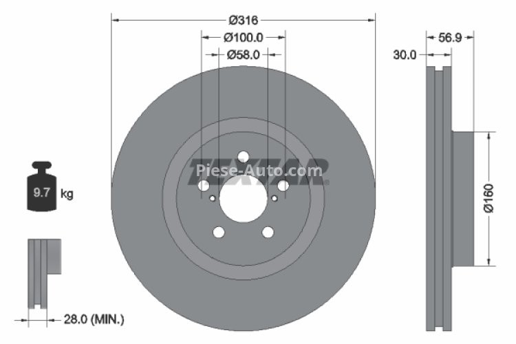 Disc frână TEXTAR, față, pentru: SUBARU FORESTER, LEGACY IV, LEGACY V, OUTBACK 2.0-3.6 09.03-