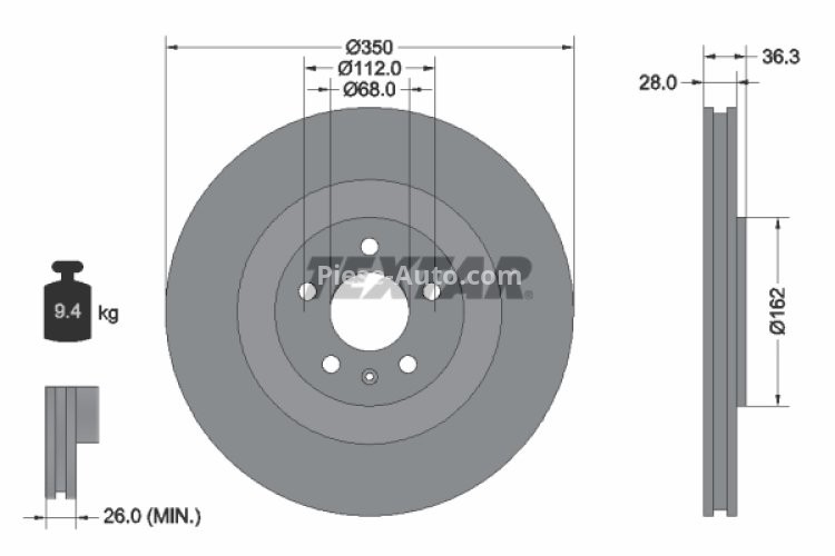 Disc frână TEXTAR, spate, pentru: AUDI A6 ALLROAD C8, A6 C8, A7, A8 D5, E-TRON, Q7, Q8, Q8 E-TRON; VW TOUAREG 2.0-Electric 01.15-