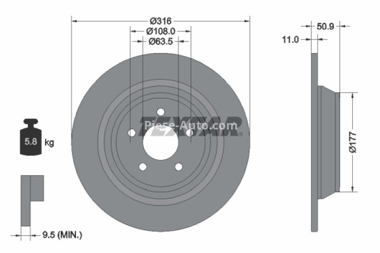 Disc frână TEXTAR, spate, pentru: FORD KUGA II, MONDEO V; LINCOLN MKC 1.0-2.5 03.13-
