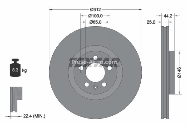 Disc frână TEXTAR, față, pentru: AUDI A1, A1 ALLSTREET, A1 CITY CARVER 1.0/1.5/2.0 07.18-