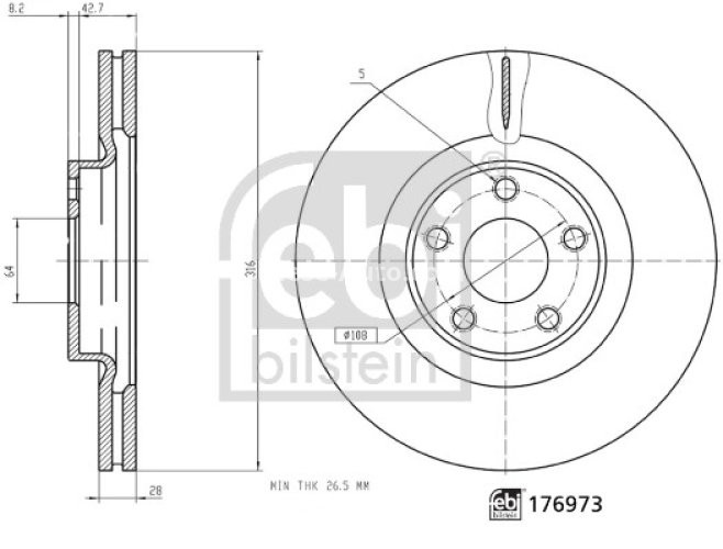 Disc frână FEBI, față, pentru: FORD GALAXY III, S-MAX 1.5/2.0/2.0D 01.15-