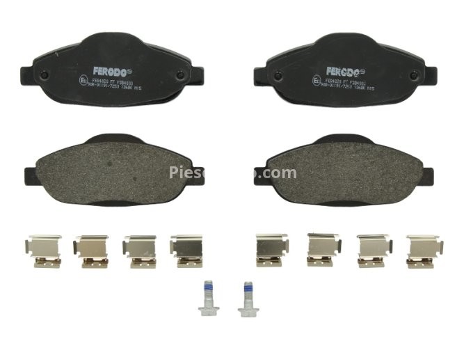 Set placuțe frână FERODO, față, (cu suruburi de ghidare), pentru: PEUGEOT 3008, 308, 308 I, 308 I/KOMBI, 408 1.2-2.0D 09.07-