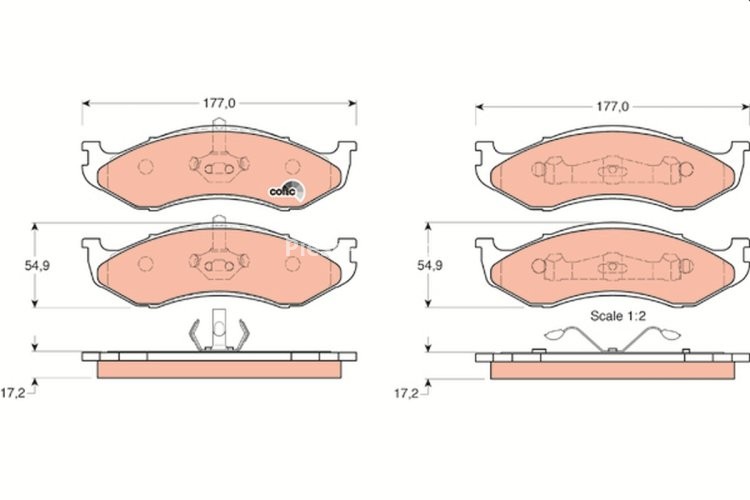 Set plăcuțe frână TRW, față, pentru: JEEP CHEROKEE, COMANCHE, GRAND CHEROKEE I, WRANGLER I, WRANGLER II; KIA CARNIVAL I 2.1D-5.9 10.84-04.07