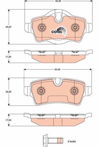 Set plăcuțe frână TRW, spate, (cu accesorii; cu șuruburi de ghidare etrier frână), pentru: MINI (R50, R53), (R56), (R57), (R58), (R59), CLUBMAN (R55) 1.4-2.0D 03.06-06.15