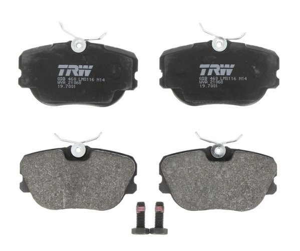 Set plăcuțe frână TRW, față (cu accesorii; cu șuruburi de ghidare etrier frână), pentru: SAAB 900 I, 9000 2.0/2.1/2.3 09.79-12.98