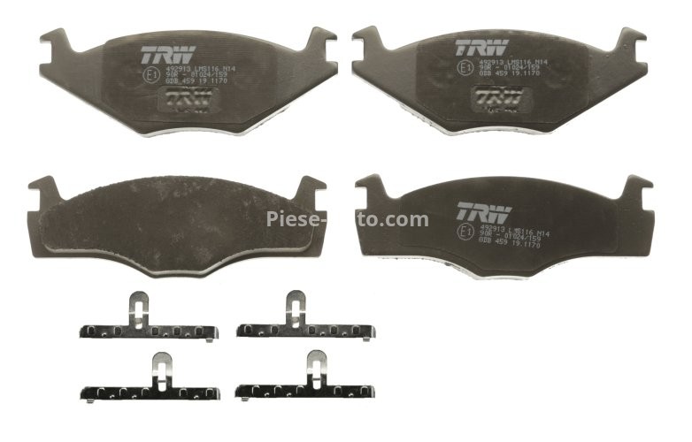 Set plăcuțe frână TRW, față (cu suplimente), pentru: SEAT CORDOBA, CORDOBA VARIO, IBIZA II; VW GOLF I, GOLF II, JETTA I, JETTA II, PASSAT B2, POLO, SANTANA, SCIROCCO 1.3-2.2 06.76-09.02