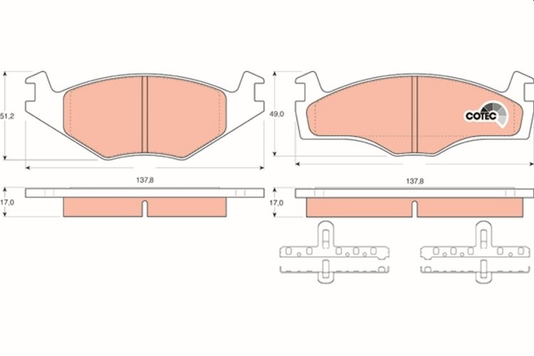 Set plăcuțe frână TRW, față (cu suplimente), pentru: SEAT CORDOBA, CORDOBA VARIO, IBIZA II; VW POLO, POLO CLASSIC, POLO II, POLO III, POLO III CLASSIC, POLO/HATCHBACK 1.0-1.9D 10.81-12.02