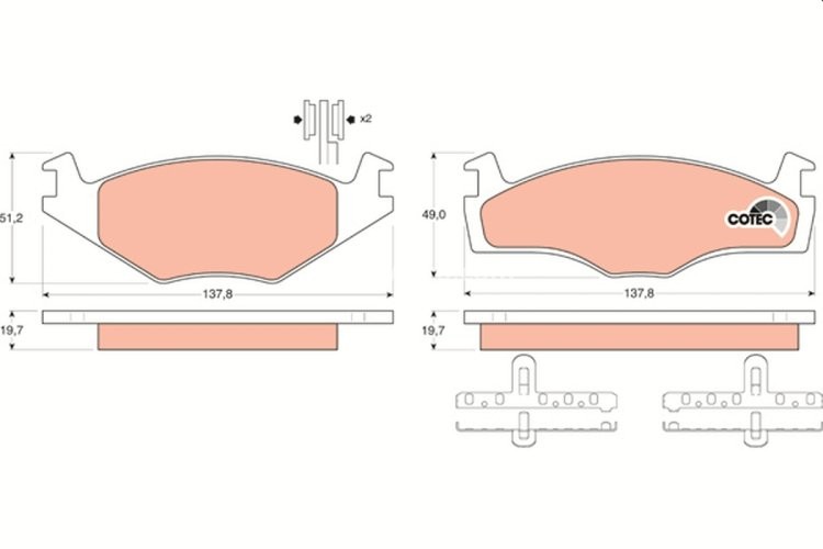 Set plăcuțe frână TRW, față (cu suplimente), pentru: SEAT CORDOBA, IBIZA II, TOLEDO I; VW CADDY I, GOLF I, GOLF II, GOLF III, JETTA I, JETTA II, PASSAT B1, PASSAT B2 1.3-1.9D 08.75-10.02