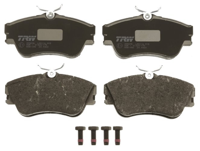 Set plăcuțe frână TRW, față (cu accesorii; cu șuruburi de ghidare etrier frână), pentru: VW CALIFORNIA T4 CAMPER, TRANSPORTER T4 1.8-2.8 07.90-06.03