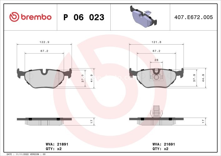 Set plăcuțe frână BREMBO, spate , pentru: BMW 5 (E39) 2.0-4.4 09.95-05.04