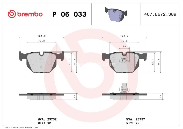 Set plăcuțe frână BREMBO, spate , pentru: BMW 5 (E60), 5 (E61), 6 (E63), 6 (E64) 2.0-3.0D 12.01-12.10