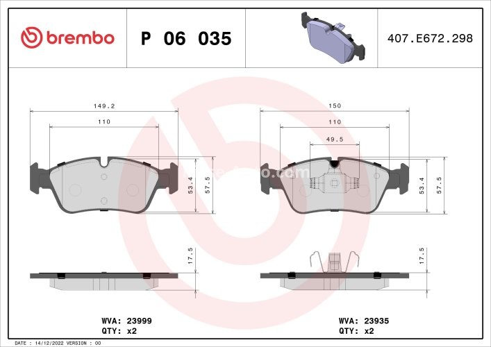Set plăcuțe frână BREMBO ,față, pentru: BMW 1 (E87), 3 (E90), 3 (E91) 2.0/2.0D 06.04-10.11