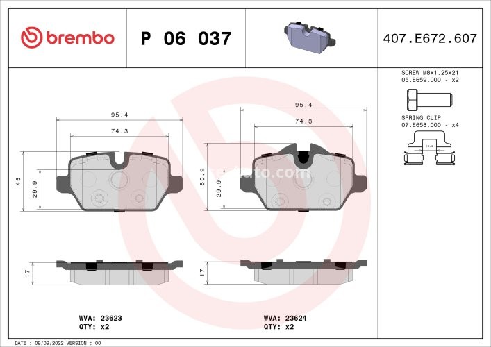 Set plăcuțe frână BREMBO, spate , pentru: BMW 1 (E81), 1 (E82), 1 (E87), 3 (E90), 3 (E92) 1.6/2.0/2.0D 06.04-10.13