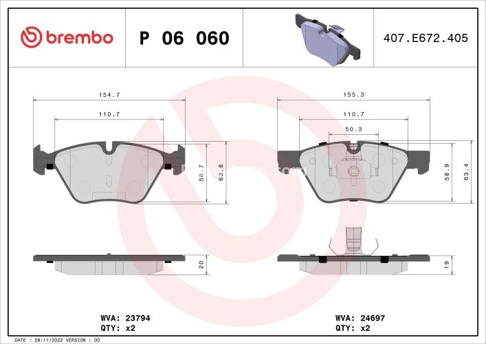 Set plăcuțe frână BREMBO ,față, (fara optionale), pentru: BMW 5 (F10), 5 (F11) 1.6-3.0D 06.09-02.17