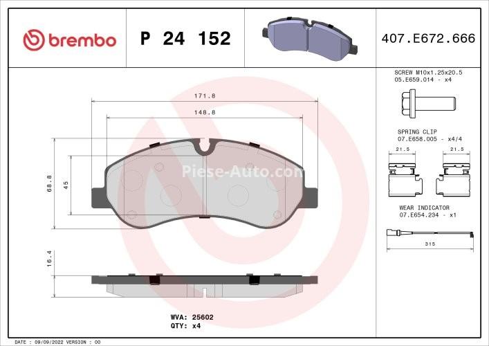 Set plăcuțe frână BREMBO ,față, (cu suruburi ghidare etrier frână), pentru: FORD TOURNEO CUSTOM V362, TRANSIT CUSTOM V362, TRANSIT V363 1.0H-2.2D 04.12-