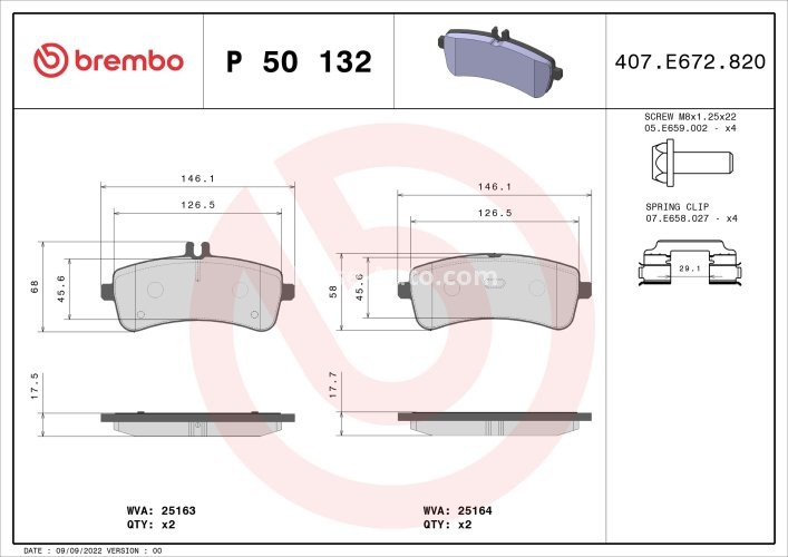 Set plăcuțe frână BREMBO, spate , pentru: MERCEDES AMG GT (X290), C (W205), S (W222, V222, X222), SL (R231) 3.0H-6.0 01.12-