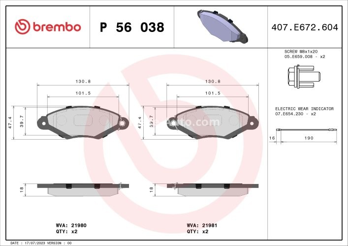 Set plăcuțe frână BREMBO ,față, pentru: NISSAN KUBISTAR; RENAULT KANGOO, KANGOO EXPRESS 1.2-Electric 08.97-