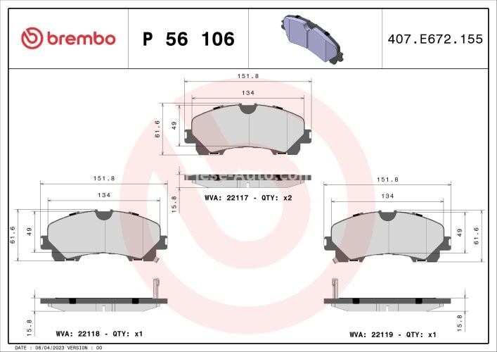 Set plăcuțe frână BREMBO ,față, (fara optionale), pentru: NISSAN X-TRAIL III; RENAULT KOLEOS II 1.3-3.5H 04.13-