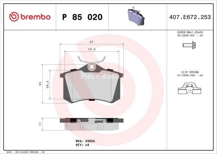 Set plăcuțe frână BREMBO, spate , pentru: DS DS 3, DS 4; AUDI A1, A1 CITY CARVER, A2, A3, A4 B5, A4 B6, A4 B7, A6 C5, A8 D2, ALLROAD C5, TT; CITROEN BERLINGO, BERLINGO/MINIVAN 1.0-Electric 05.86-