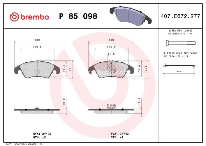Set plăcuțe frână BREMBO ,față, pentru: AUDI A4 ALLROAD B8, A4 B8, A5, A6 C7, A7, Q5 1.8-4.2 06.07-09.18