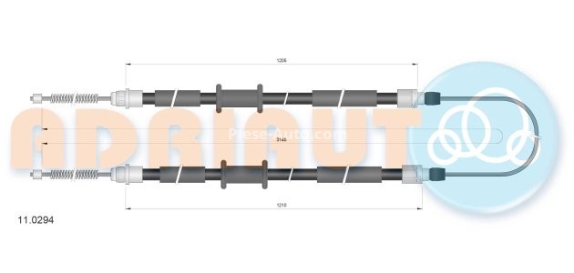 Cablu frână de mână ADRIAUTO, spate, dreapta / stânga (3140mm /1205mm /1210mm) pentru: FIAT FIORINO, FIORINO/MINIVAN; MINI CLUBMAN (R55) 1.1-1.7D 01.88-06.14