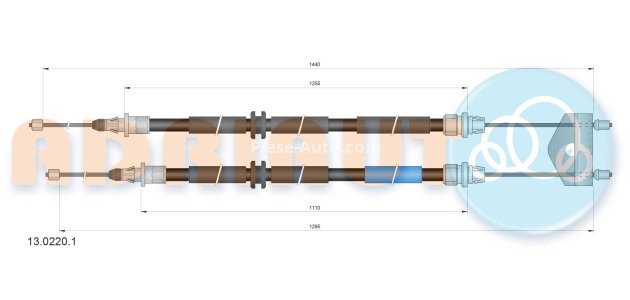 Cablu frână de mână ADRIAUTO, spate, dreapta / stânga (1440mm /1255mm /1295mm /1110mm) pentru: FORD FIESTA IV, FIESTA V, FUSION; MAZDA 2 1.0-1.8D 08.95-12.12