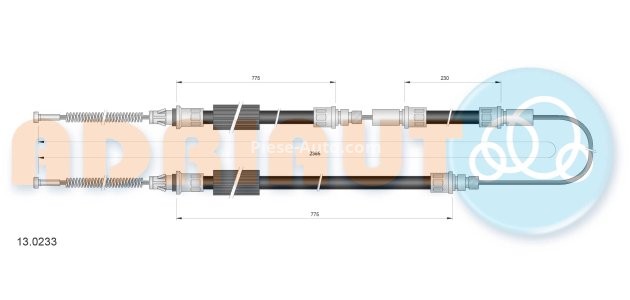 Cablu frână de mână ADRIAUTO, spate, dreapta / stânga (2385mm /775mm /230mm /775mm) pentru: FORD TRANSIT 1.6/2.0/2.5D 09.85-09.92