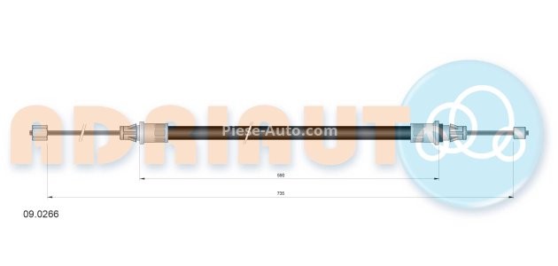Cablu frână de mână ADRIAUTO, față, (735mm /590mm) pentru: JEEP CHEROKEE 2.1D-4.0 10.84-09.01