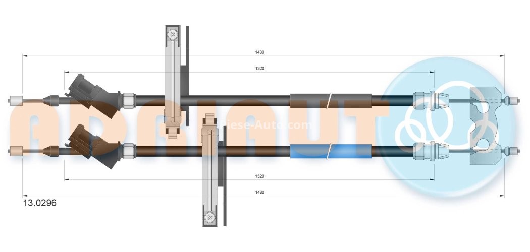 Cablu frână de mână ADRIAUTO, mijloc/spate, dreapta / stânga (1480mm /1320mm /1480mm /1320mm) pentru: FORD FOCUS I, FOCUS I/KOMBI 1.4-2.0 08.98-03.05