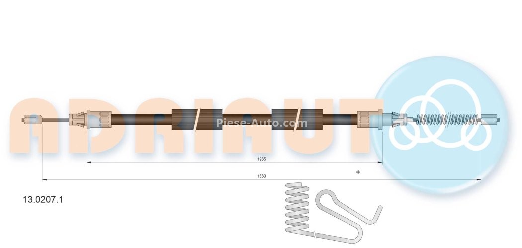Cablu frână de mână ADRIAUTO, spate, stânga (1530mm /1235mm) pentru: FORD TRANSIT 2.0D-2.4D 01.00-05.06