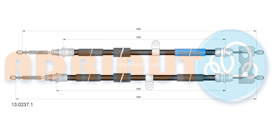 Cablu frână de mână ADRIAUTO, spate, dreapta / stânga (1645mm /1455mm /1590mm /1395mm) pentru: FORD COURIER, KA, STREET KA 1.0-1.8D 09.96-11.08
