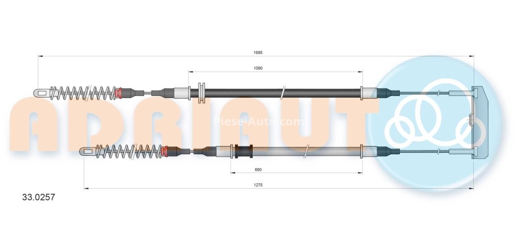 Cablu frână de mână ADRIAUTO, spate, dreapta / stânga (1685mm /1090mm /1275mm /690mm) pentru: MERCEDES SL (R231); OPEL ASTRA F, ASTRA F CLASSIC 1.4-5.5 09.91-