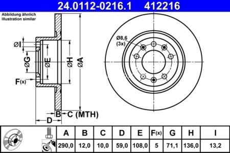 Disc frână ATE, spate, pentru: PEUGEOT 508 I 2.0D 04.14-12.18