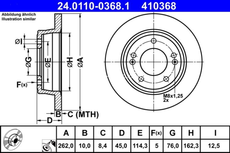 Disc frână ATE, spate, pentru: HYUNDAI CRETA, ELANTRA IV, ELANTRA V, ELANTRA VI, I30, KONA, KONA/SUV, VELOSTER, VENUE; KIA CEE'D, CERATO III, CERATO IV, PRO CEE'D 1.0-2.0 09.10-